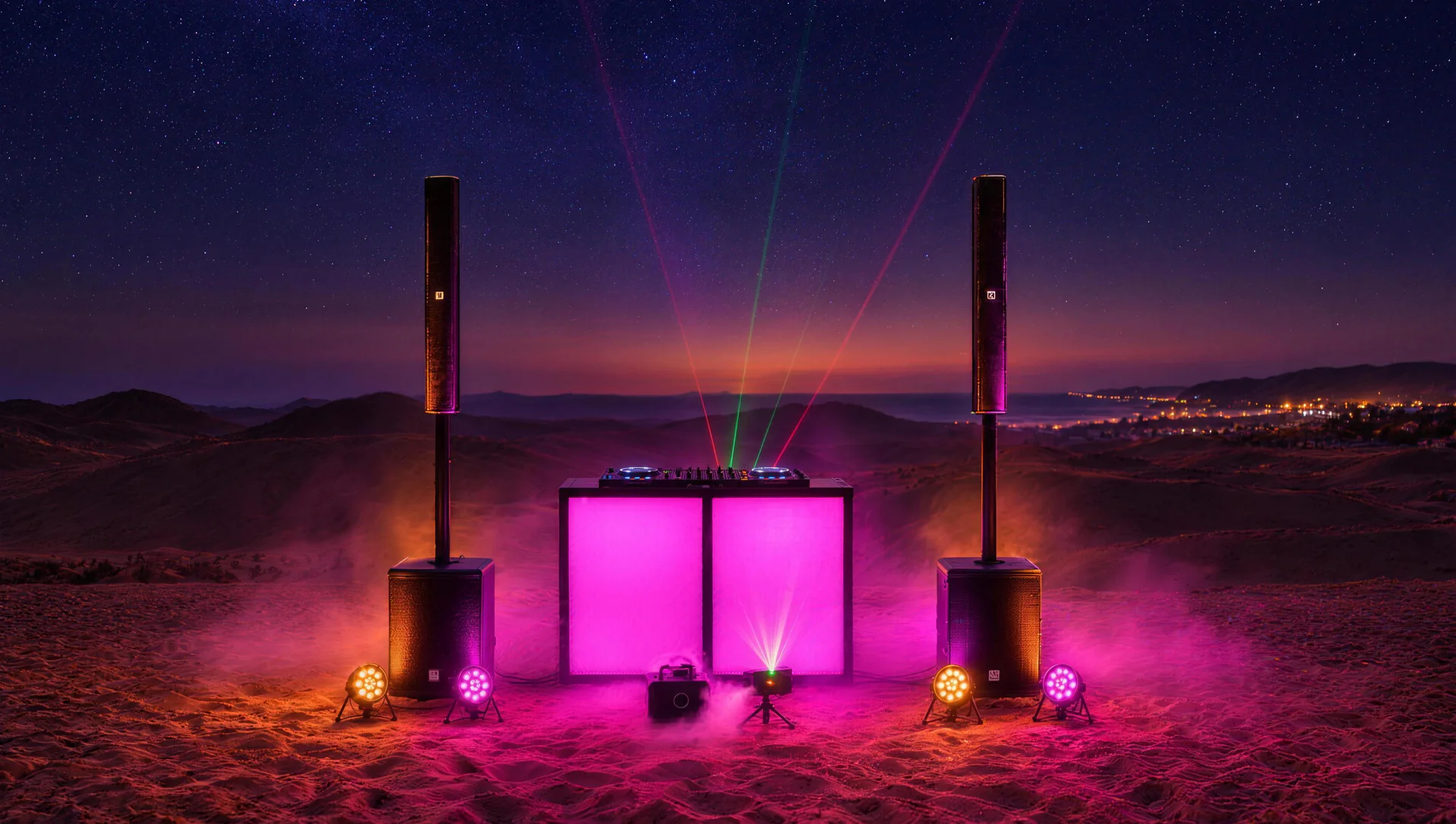 The same setup at night: glowing DJ booth, lasers, fog and lights